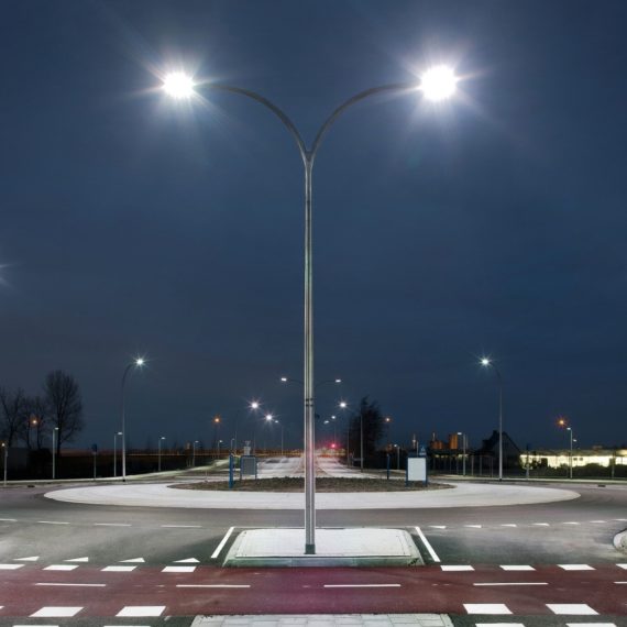 Roundabout illuminated by led lights  at twilight