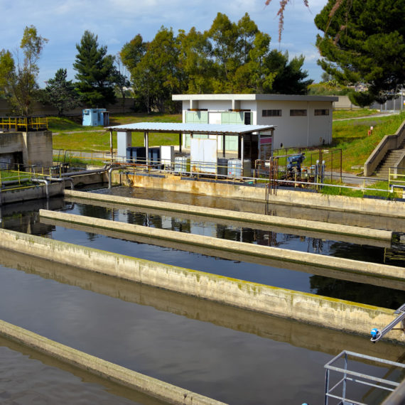 Aerated activated sludge tank at a wastewater treatment plant.