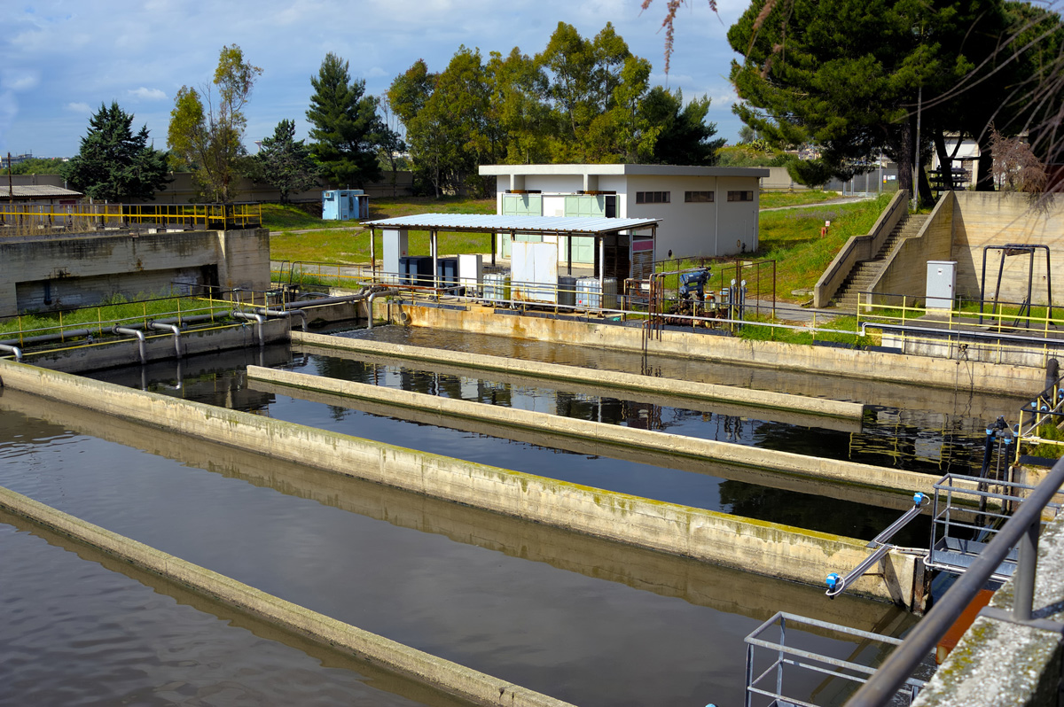 Aerated activated sludge tank at a wastewater treatment plant.